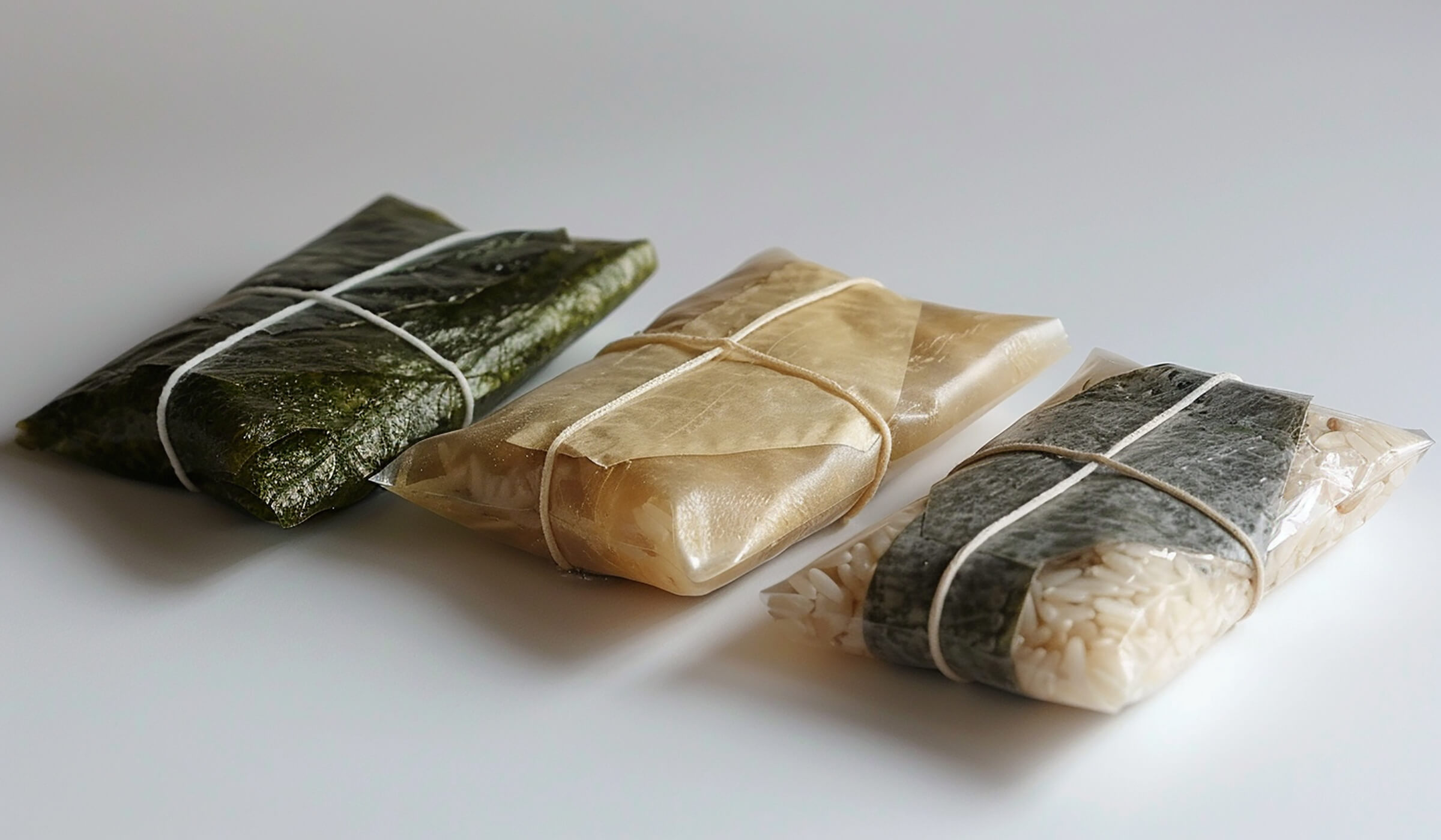 Three food items wrapped in edible / compostable packaging