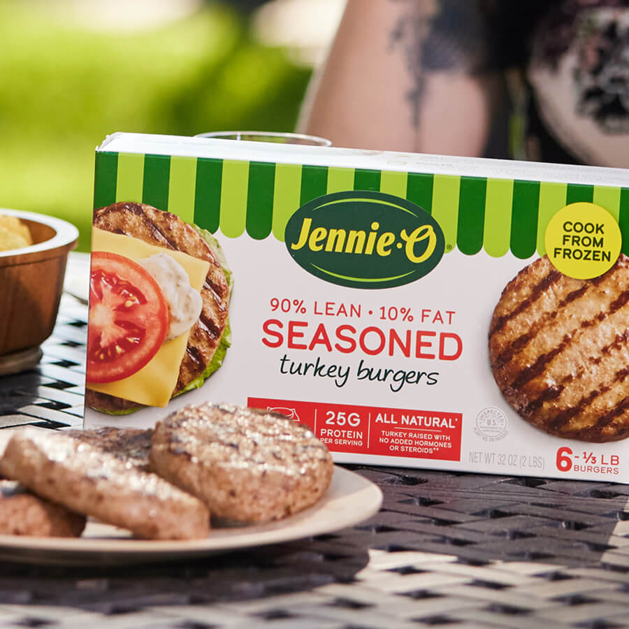 Jennie-O Turkey Burgers on plate with package