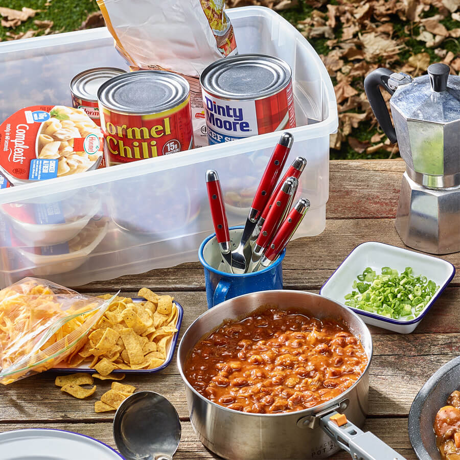 chili pantry staples in outdoor camping scene